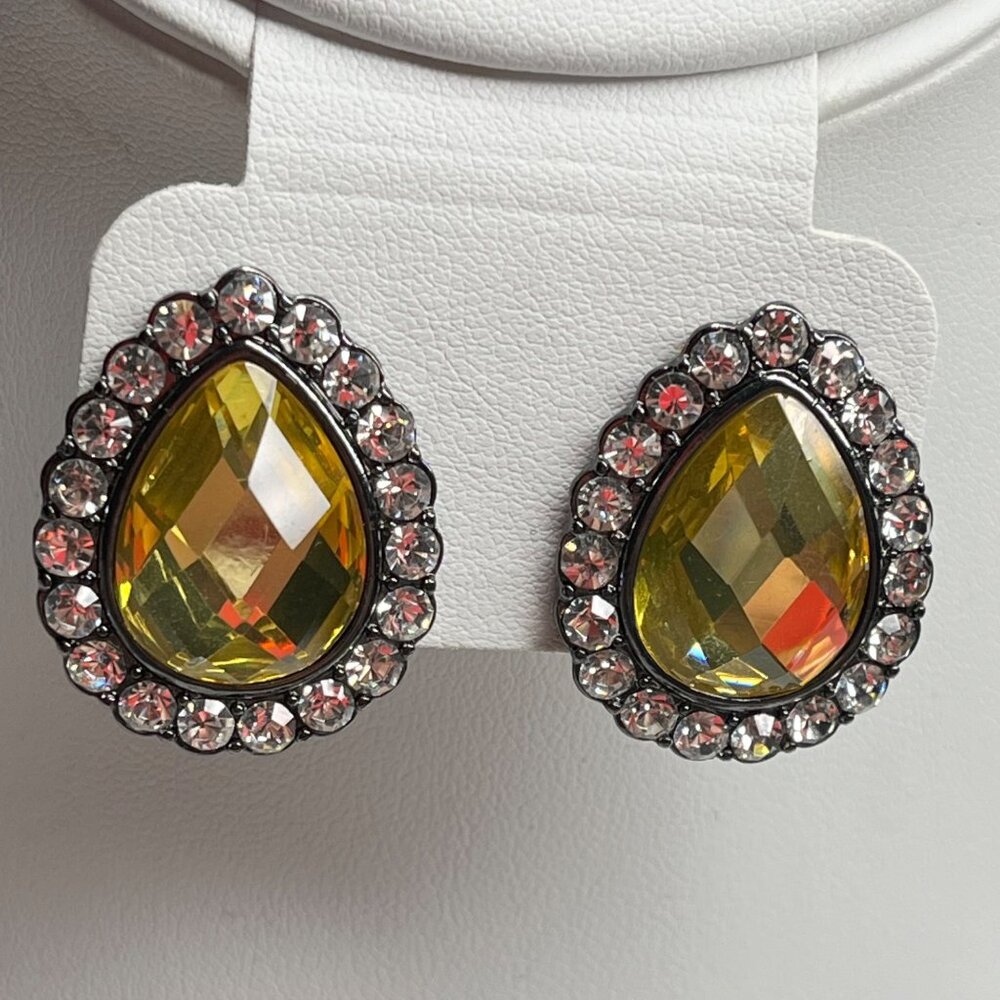 Vintage Joan Rivers Yellow Teardrop Crystal stud Earrings With Rhinestone Accent